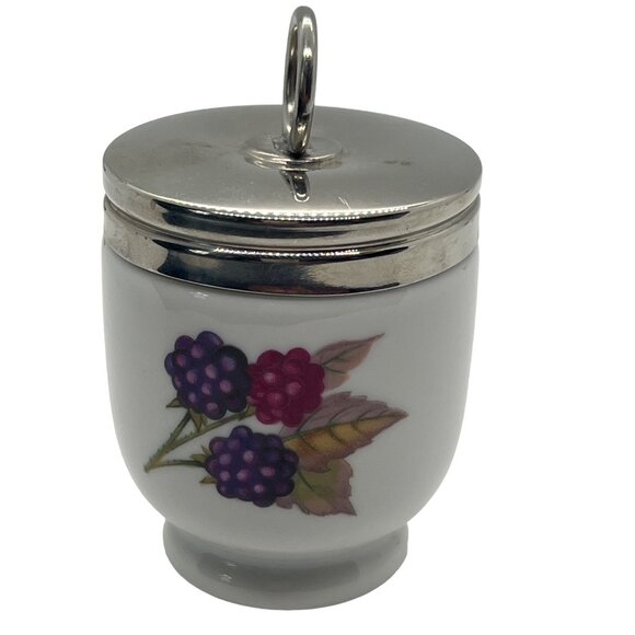 Vintage 70s Royal Worcester Egg Coddler Stainless Steel Lid Leaves Fruit Design - Picture 2 of 5